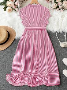 SHEIN Clasi 大码女式夏季短袖纽扣前开襟休闲连衣裙 - 玫紅色 - 查看 2