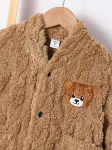 2pcs Kids Young Boy Casual Cute Bear Patch Long Sleeve Cardigan And Solid Color Straight Pants Coral Fleece 2 Pieces Outfit Set, Suitable For Commuting, School, Daily Casual, Holiday, Sportswear, Suitable For Fall, Winter Seasons