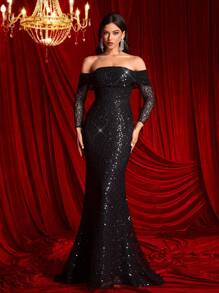 Glamrae Elegant And Gorgeous Black Shiny Hot Diamond Stretch Knitted Mesh One Shoulder Long Sleeves Gathered At The Chest Fishtail Hem Tailing Suitable For Bachelorette Party Date Formal Women's Evening Dress, Prom Gown, For Wedding Guest, Graduation, Dinner - Black - View 3