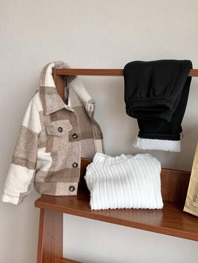 SHEIN 3 件套男婴休闲基本款保暖羊毛罗纹立领上衣、复古格子夹克和舒适保暖内衬裤子套装，秋季服装适合休闲装、户外和雪地玩耍