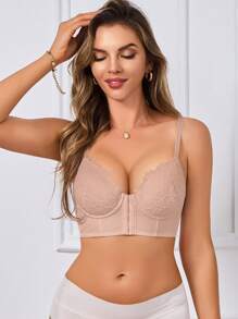 性感浪漫休闲舒适前扣蕾丝文胸，采用提升和聚拢设计，防下垂，罩杯调节，1 件套