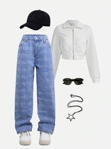 SHEIN Tween Girls Light Wash Denim Jeans With Plaid Pattern And Slit Hem Design - Blue - View 1