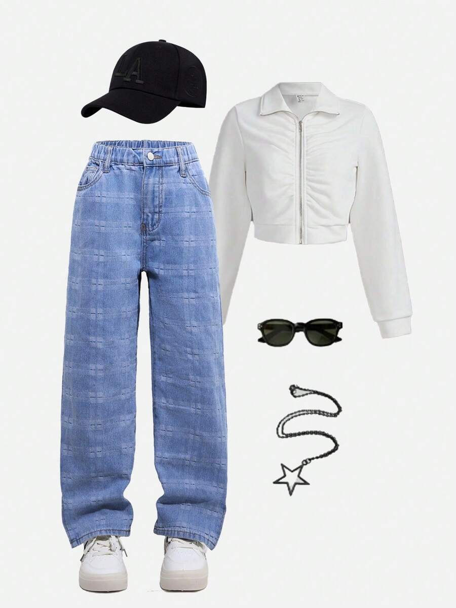 SHEIN Tween Girls Light Wash Denim Jeans With Plaid Pattern And Slit Hem Design - Blue - View 1