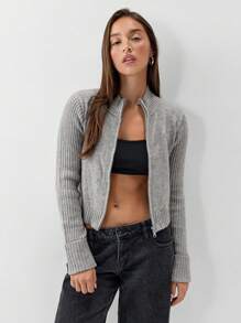 SHEIN Unity 1 件女士休闲灰色拉链立领短针织长袖开衫，百搭秋冬季 - 灰色 - 查看 1