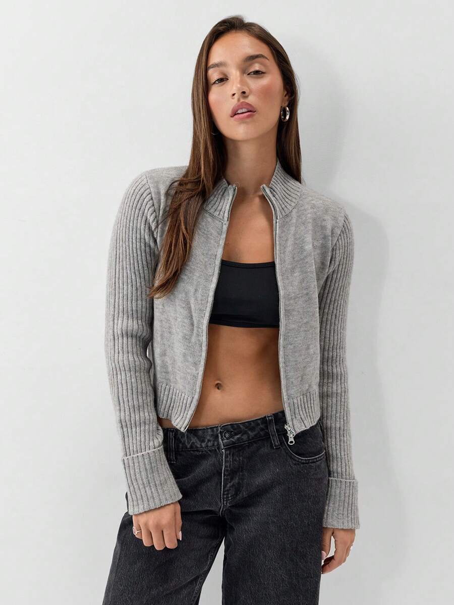 SHEIN Unity 1 件女士休闲灰色拉链立领短针织长袖开衫，百搭秋冬季 - 灰色 - 查看 1