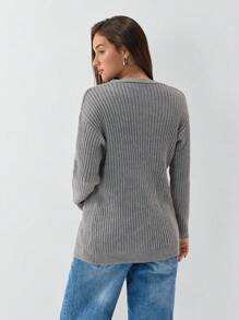 SHEIN Unity 1 件女士休闲简约抽绳纹理针织开衫，灰色，秋冬 - 灰色 - 查看 2