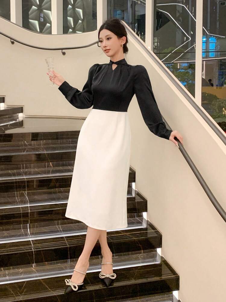 Women Color Block Casual Keyhole Neck Long Sleeve Dress, Birthday Prom Dress,Fall Dress Elegant Women Dresses