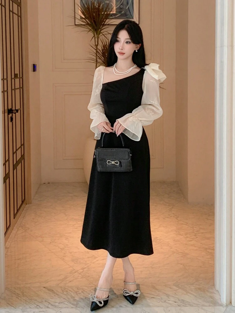Women's Solid Color Patchwork Long Sleeve Casual Pleated Dress, Birthday ,New Year Eve Prom Dress,Ruffle,Fall Dress Elegant Women Dresses Maxi Dress