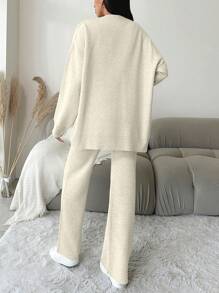EURMUSE 2pcs Women's Casual Loose Fit Drop Shoulder Solid Color Cardigan And Knit Pants Set, Spring/Fall - White - View 2