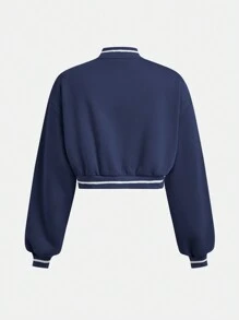 SHEIN Teen Girls  Knit Printed Color Block Fleece Trim Sports Cropped Jacket - Navy Blue - View 2