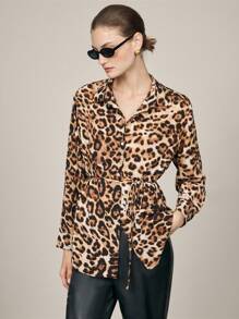 BizChic 女士优雅豹纹正装衬衫，适合通勤、聚会、度假、圣诞节 - 棕色 - 查看 10