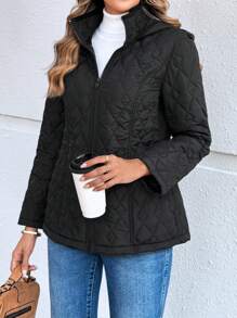 EMERY ROSE Women's Quilted Zip-Up Stand Collar Padded Coat, Fall/Winter - Black - View 1