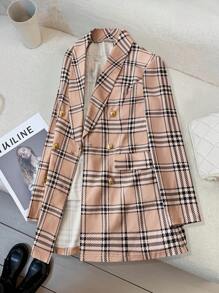 SHEIN Clasi 女式双排扣格子西装外套，秋季带口袋 - 卡其色 - 查看 1