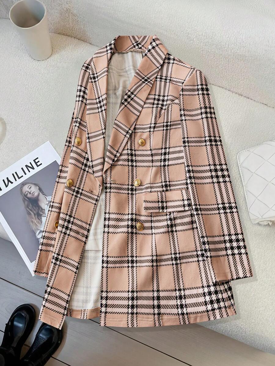 SHEIN Clasi 女式双排扣格子西装外套，秋季带口袋 - 卡其色 - 查看 1