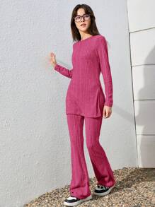 SHEIN 2pcs Teenager Mock Collar Split Hem Long Sleeve T-Shirt And Sweatpants Ribbed Outfit Set