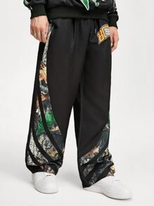 ROMWE MEN ROMWE Avant Men's Letter Camo Print Drawstring Waist Casual Pants, Suitable For Spring And Summer - Black - View 1