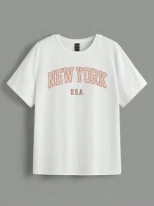 SHEIN LUNE 3件套休闲简约“NEW YOEK”英文文字图案宽松圆领短袖T恤女夏季略显透视 - 彩色 - 查看 4