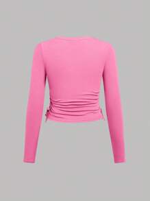 SHEIN Girlism 3 piezas Blusas de punto de cuello redondo de manga larga de color sólido casuales para niñas preadolescentes - Rosado Sandía - Ver 5