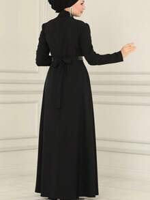女士优雅纯色奢华阿拉伯风格长款连衣裙，收腰设计，端庄得体 - 黑色 - 查看 3