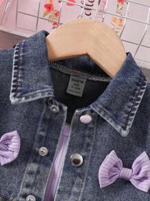 Baby Girl Spring Autumn Bowknot Decor Long Sleeve Jacket And Mesh Splice Cami Dress 2pcs/Set - Mauve Purple - View 4