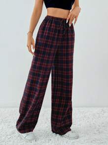 SHEIN Tall Plaid Printed Drawstring Waistband Slanted Pocket Loose Casual Wide Leg Pants - Red - View 4