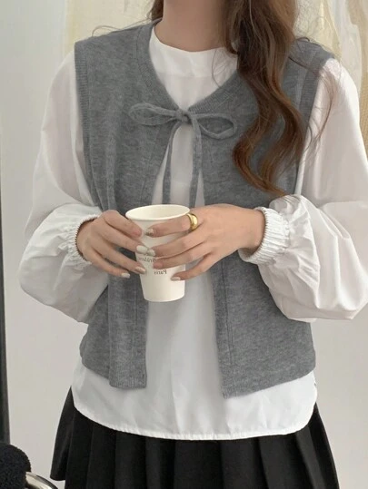 DAZY Women's Solid Color Front Tie Sleeveless Jacket, Spring And Autumn Vest