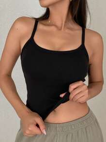 DAZY 女士纯色圆领吊带背心，休闲日常穿着，带保暖内衬 - 黑色 - 查看 4