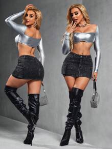 SHEIN SXY 女式休闲牛仔中长裙带口袋