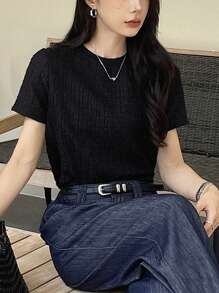 Dazy Star Camiseta de manga corta de cuello redondo de unicolor para mujer, verano - Negro - Ver 6