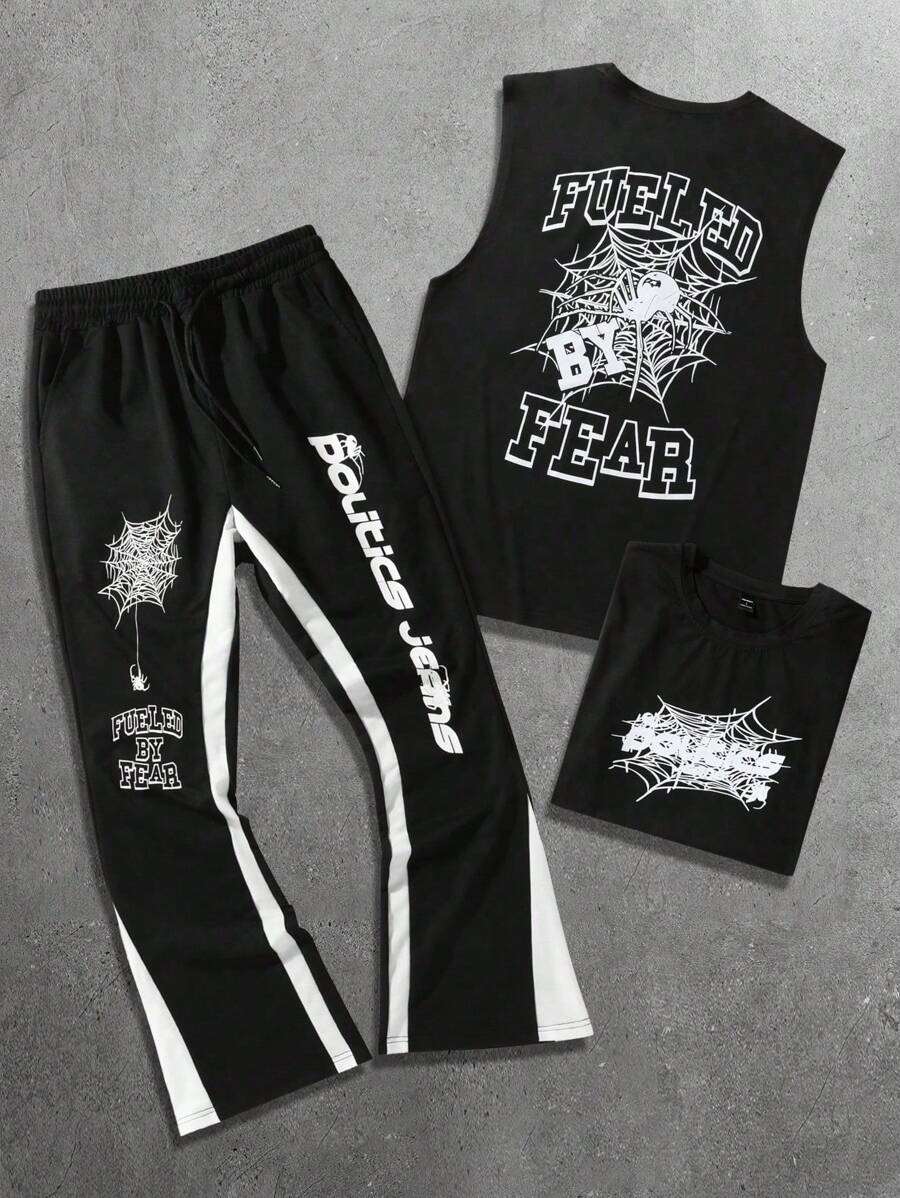 Manfinity EMRG 1 件大码男士字母和蜘蛛网印花背心和 1 件喇叭裤套装