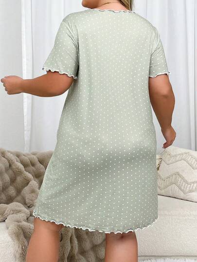 Plus Size Polka Dot Print Lettuce Nightgown, Moo view 3
