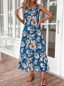 EMERY ROSE 女式复古花卉图案印花长款休闲夏季连衣裙 - 霧霾藍 - 查看 4