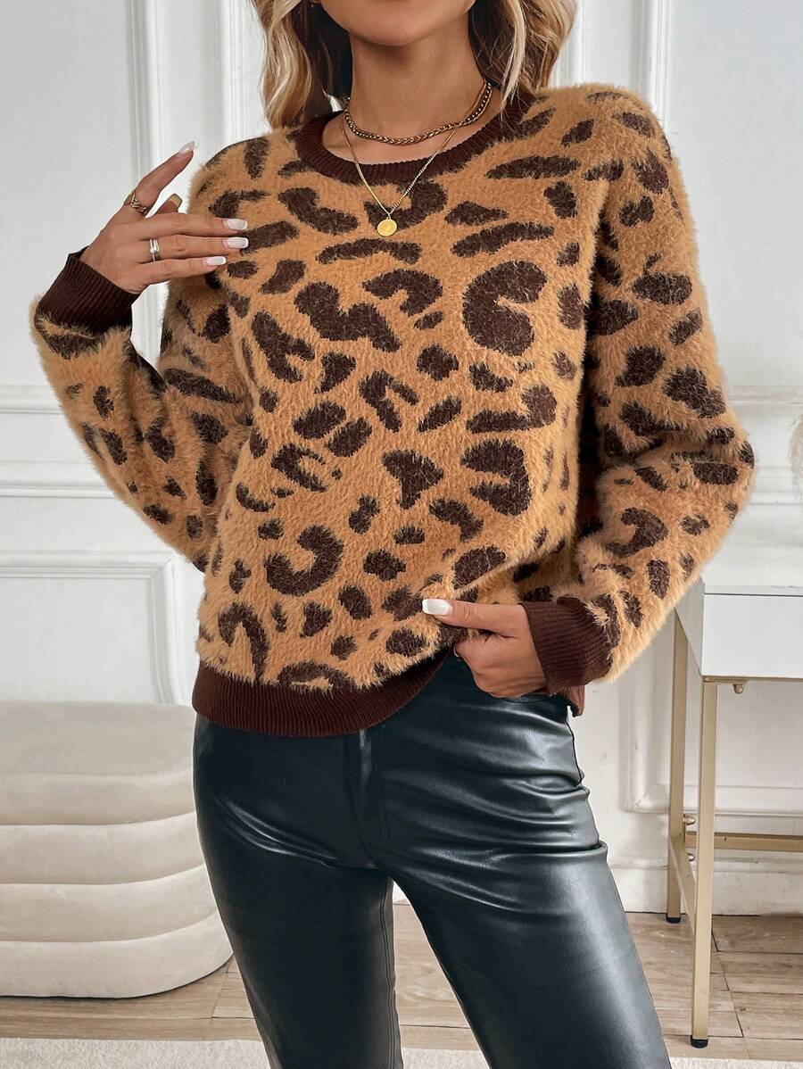 SHEIN LUNE Leopard Crew Neck Long Sleeve Sweater, Knit Pullover Fall Winter - Multicolor - View 1