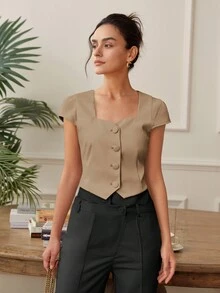 Women's Summer Casual Minimalist Front Button Crop Top, Wide Collar - Brown - View 1