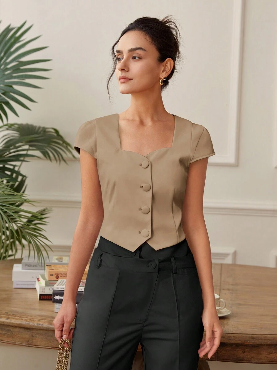 Women's Summer Casual Minimalist Front Button Crop Top, Wide Collar - Brown - View 1