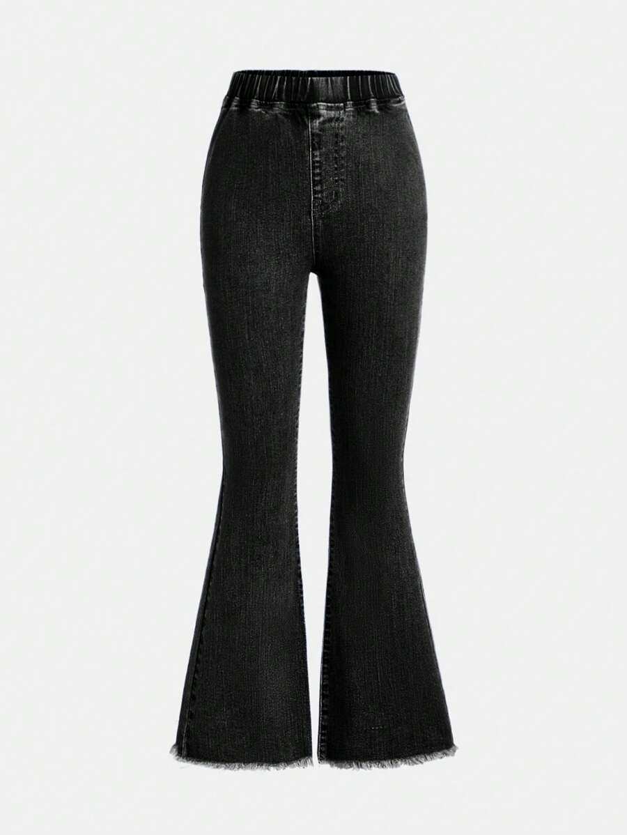 SHEIN Girlism Tween Girl Elastic Waist Flared Casual Versatile Denim Jeans - Black - View 1