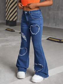 SHEIN SLAYR KIDS 少女 Y2K 爱心图案做旧喇叭牛仔裤，秋季返校季 - 中等水洗藍 - 查看 6