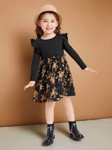 SHEIN Leap Crew Vestido Para Niña Joven Con Diseño Floral Y Detalles De Volantes En El Panel - Multicolor - Ver 1