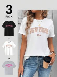 SHEIN LUNE 3件套休闲简约“NEW YOEK”英文文字图案宽松圆领短袖T恤女夏季略显透视 - 彩色 - 查看 2