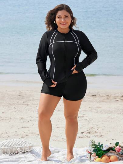 Swim Lushoire Set di maglia antivento a colori con chiusura lampo e pantaloncini per l'estate, la spiaggia e il surf, taglie comode