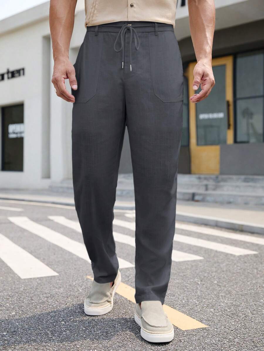 Manfinity NXTstreet Men's Solid Color Drawstring Pockets Casual Woven Pants - Grey - View 1
