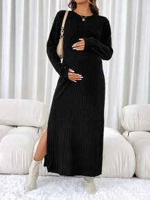 SHEIN Maternity Long Sleeve Round Neck Slit Hem Casual Dress, Spring Autumn - Black - View 3