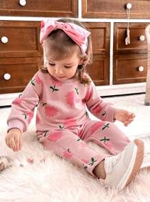 SHEIN 2pcs Baby Girls' Floral Print Pink Top And Pants Set, Fall/Winter - Pink - View 1