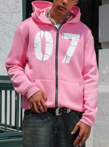 Manfinity Campus Court Aesthetic Post--Loose Fit Men's Hooded Sweatshirt With Letter Print, Zipper Front And Thermal Lined ,Y2K Cute Fall Clothes - Pink - View 5
