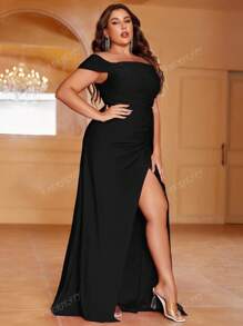 Plus Off Shoulder Draped Side Split Thigh Formal Dress Black Elegant Prom Evening Wedding Guest Gown, For Graduation, Dinner Party Dress