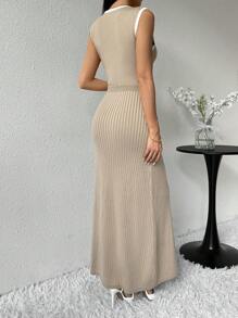 Modelyn 女式撞色饰边前纽扣无袖毛衣连衣裙，秋季