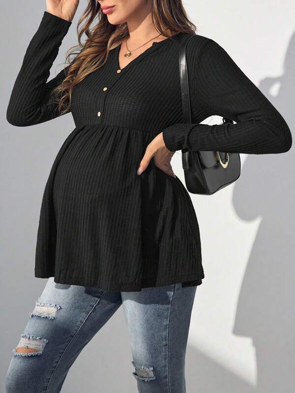 SHEIN Maternity Black V-Neck Button Decorated Long Sleeve T-Shirt For Pregnant Women, Autumn & Spring, Casual