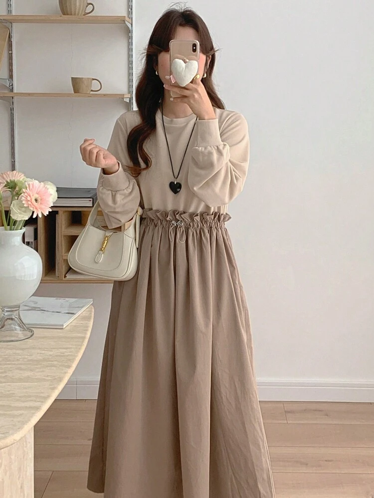Vestido de manga larga elegante con cuello redondo, cintura de bolsa de papel y bloque de color para mujer, vestidos casuales para mujer, ropa de vuelta al colegio, vestido de otoño