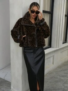 Aveloria Modichic Áo khoác dáng ngắn oversized kiểu Mob Wife mùa đông cho nữ, cổ áo kim loại có khóa kéo, lông xù, họa tiết da báo - màu nâu - Xem 6