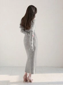 DAZY Women Off-Shoulder Long Knitted Bodycon Sweater Dress, Grey, Spring/Summer/Autumn